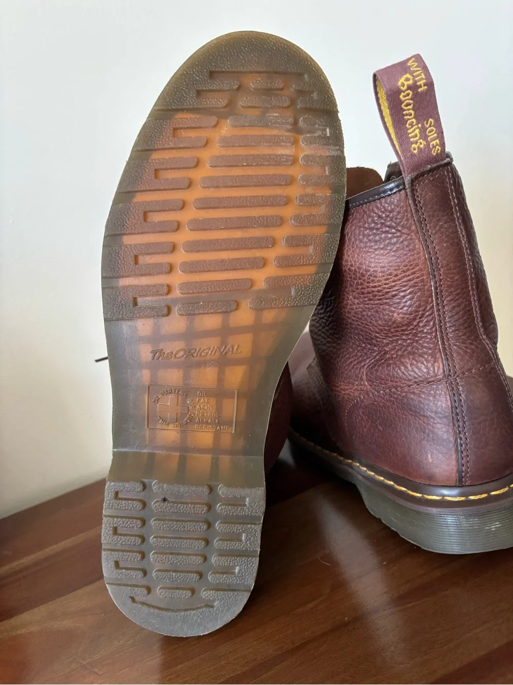 Dr. Martens Brown Leather 8-Eye Lace-Up Boots with Yellow Stitching
